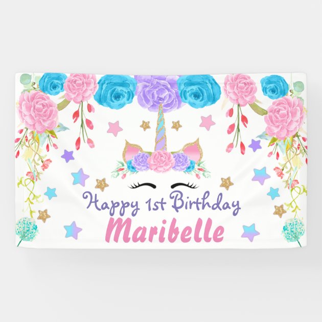 Unicorn Pink First Birthday Banner Personalized Backdrop