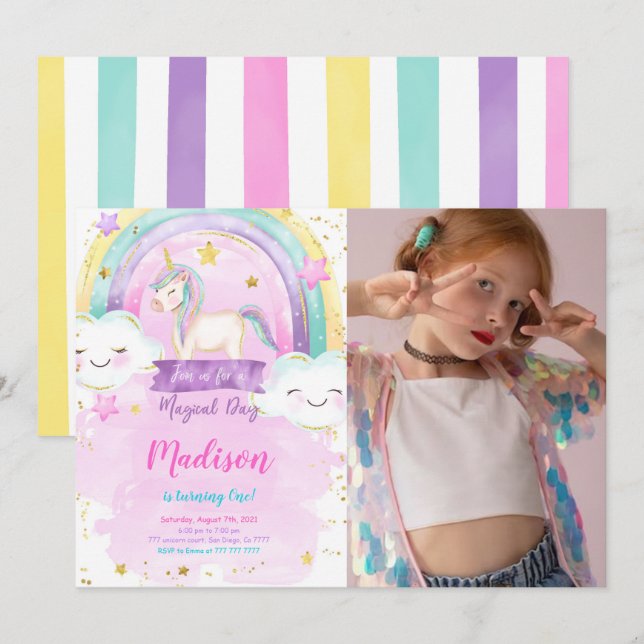 Unicorn Birthday Party Photo Invitation (Front/Back)