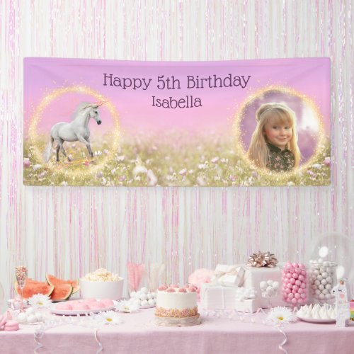 Unicorn Birthday Party Photo Name Age Template Banner