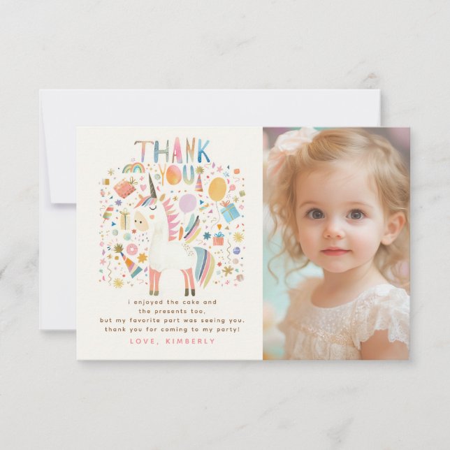 Unicorn Birthday Party Photo Thank You Card (Front)
