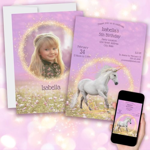 Unicorn Birthday Party Pink and Lavender  Photo Invitation