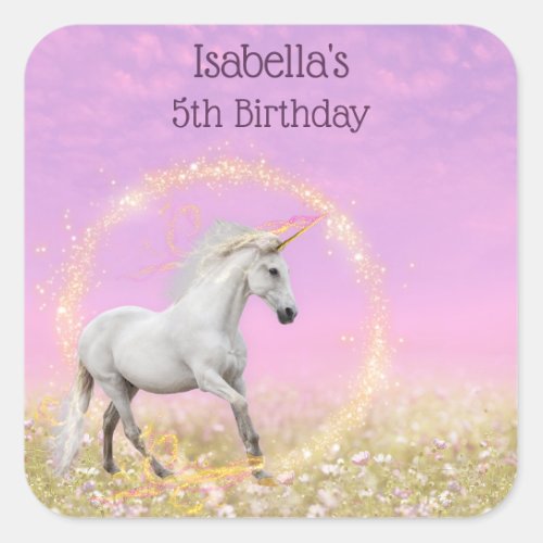 Unicorn Birthday Party Pink and Lavender Square Sticker