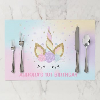 Unicorn Birthday Party Placemat Magical Pink Gold by PixelPerfectionParty at Zazzle