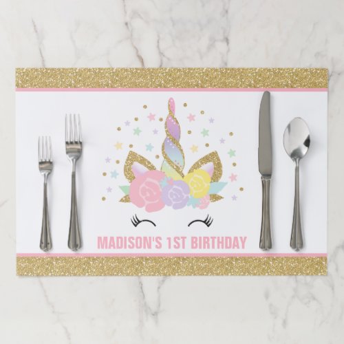 Unicorn Birthday Party Placemat Magical Pink Gold