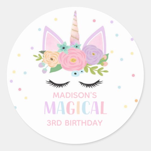 Unicorn Birthday Party Polka Dots Flowers Classic Round Sticker