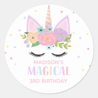 Unicorn Birthday Party Polka Dots Flowers Classic Round Sticker