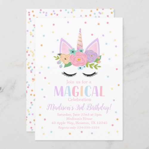 Unicorn Birthday Party Polka Dots Flowers Invitation