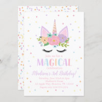 Unicorn Birthday Party Polka Dots Flowers Invitation