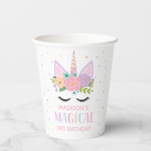 Unicorn Birthday Party Polka Dots Flowers Paper Cups
