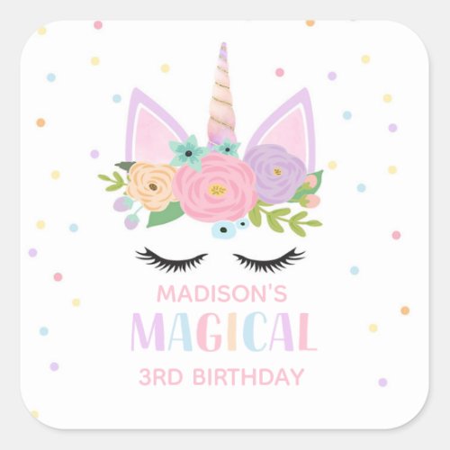 Unicorn Birthday Party Polka Dots Flowers  Square Sticker