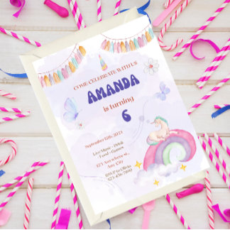 Unicorn Birthday Party, Rainbow & Clouds for Kids Invitation