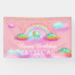Unicorn Birthday Party Rainbow Clouds Pink Gold Banner