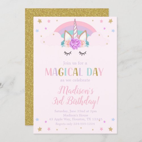 Unicorn Birthday Party Rainbow Flowers Invitation