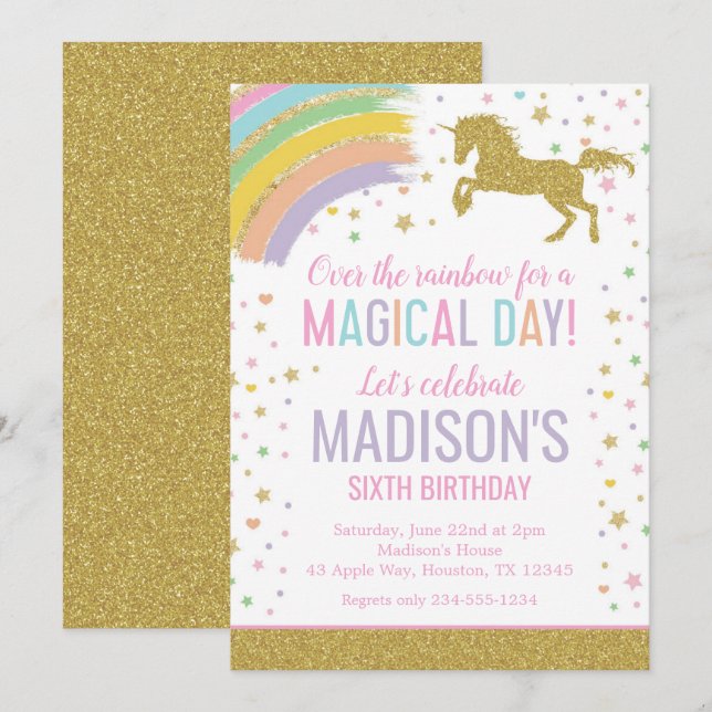 Unicorn Birthday Party Rainbow Gold Glitter Invitation (Front/Back)