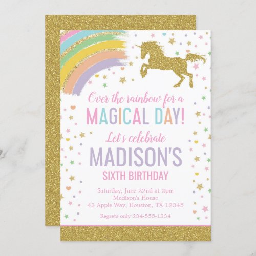 Unicorn Birthday Party Rainbow Gold Glitter Invitation