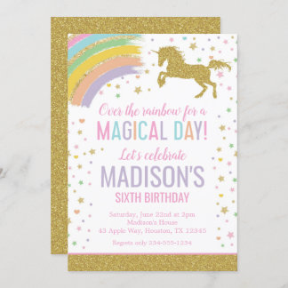 Unicorn Birthday Party Rainbow Gold Glitter Invitation
