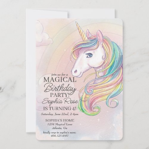 Unicorn birthday party rainbow party invite