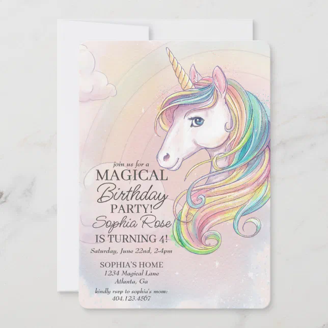 Unicorn birthday party rainbow party invite | Zazzle