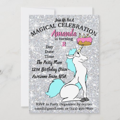 Unicorn Birthday Party Silver Glitter Personalize Invitation