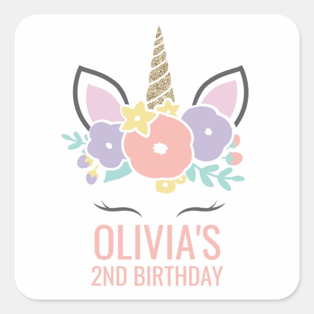 Unicorn Birthday Party Sticker pastel floral (Front)
