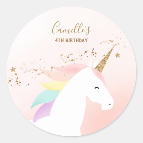 Unicorn birthday party sticker with name age