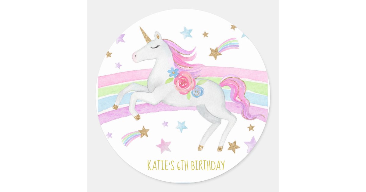 Unicorn birthday party stickers rainbow | Zazzle