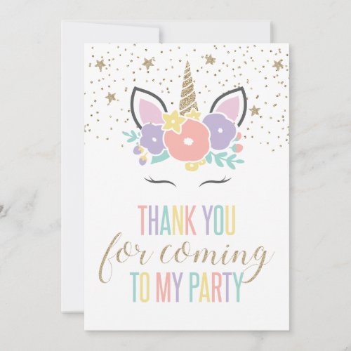 Unicorn birthday party thank you card