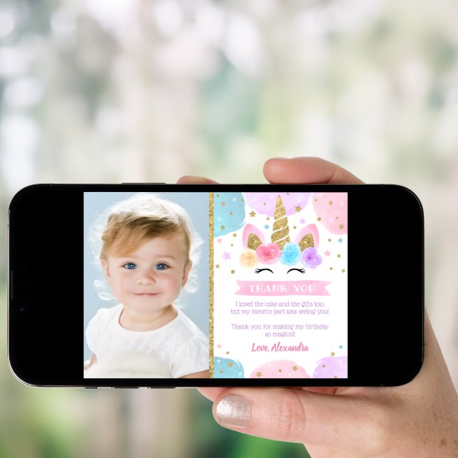 Unicorn Birthday Party Thank You Cards with Photo  (Front Digital)