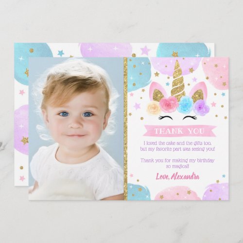 Unicorn Birthday Party Thank You Cards with Photo 