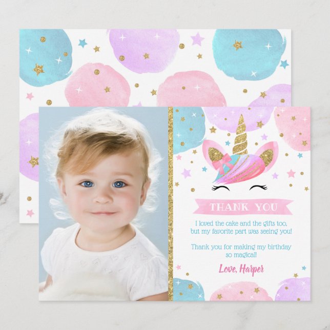 Unicorn Birthday Party Thank You Cards with Photo  (Front/Back)
