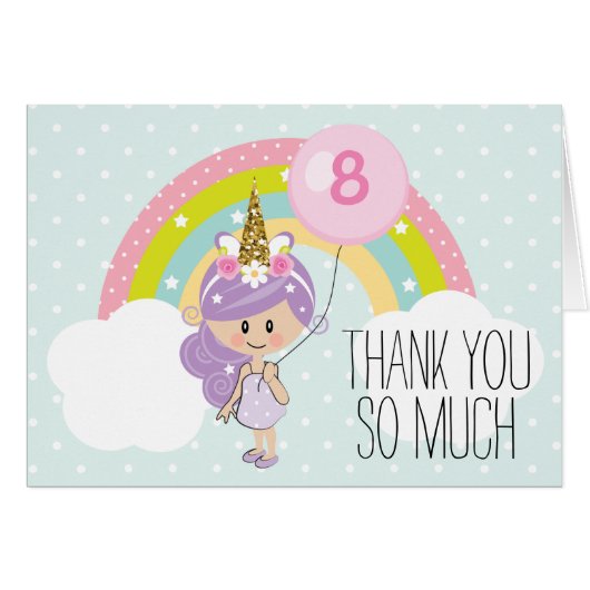 Unicorn Birthday Party Thank You Note Cards (Front Horizontal)