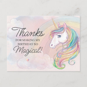 Unicorn birthday party thank you postcard