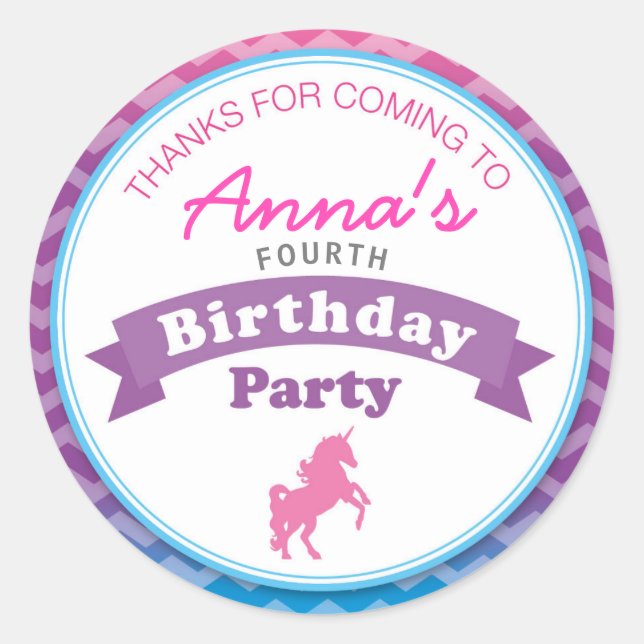 Unicorn Birthday Party Thank you Sticker (Front)