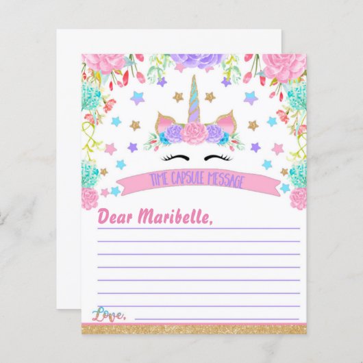 Unicorn Birthday Party Time Capsule Message (Front/Back)