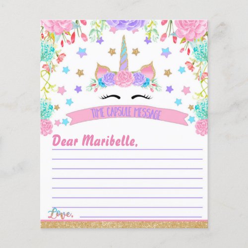Unicorn Birthday Party Time Capsule Message
