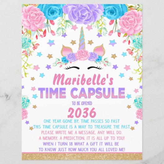 Unicorn Birthday Party Time Capsule Sign (Front)