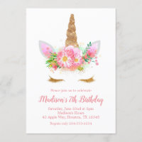 Unicorn Birthday Party Watercolor Flowers Invitation