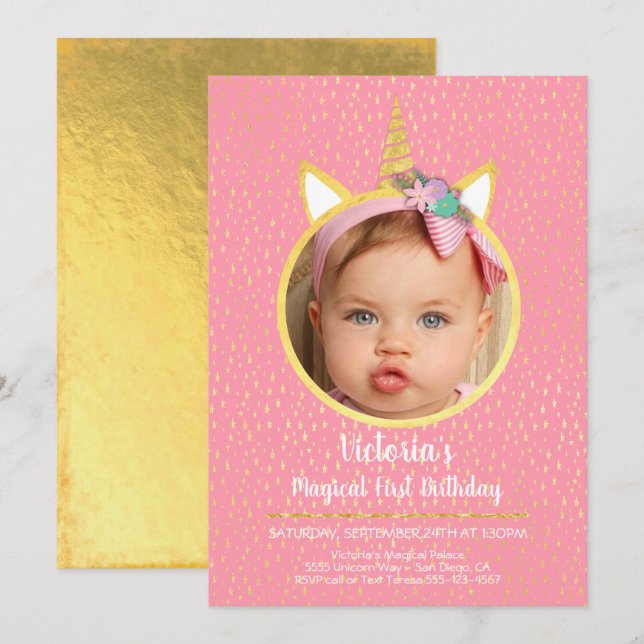 Unicorn Birthday Party with Photo Invitation (Front/Back)