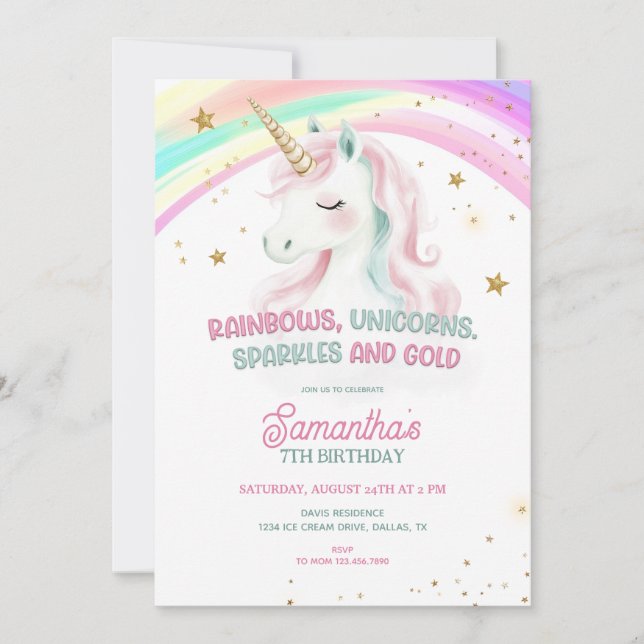 Unicorn Birthday, Pastel Unicorn, Rainbow Invitation (Front)