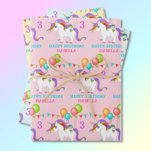 Unicorn Birthday Personalize Name 3 Colorful Wrapping Paper Sheets