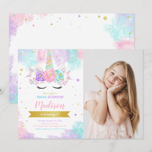 Unicorn Birthday Photo Invitation (Front/Back)