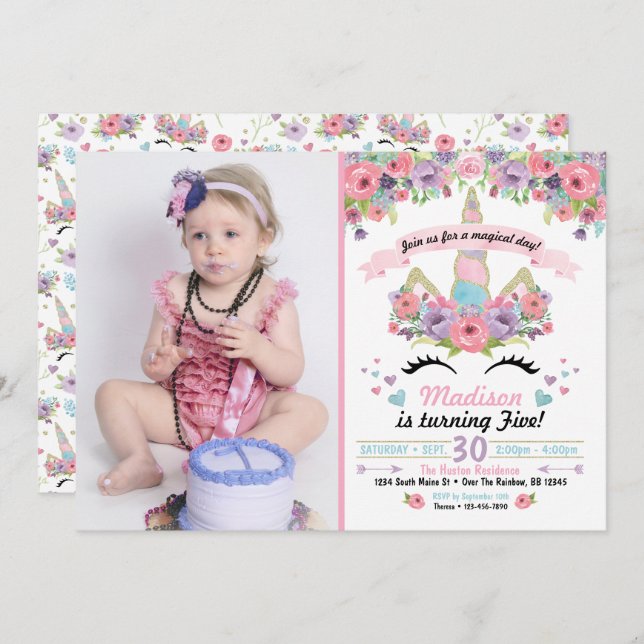 Unicorn Birthday Photo Invitation (Front/Back)
