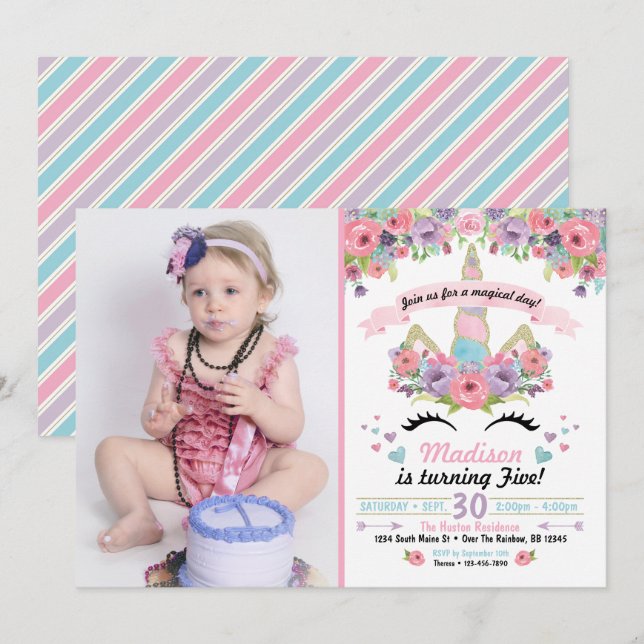Unicorn Birthday Photo Invitation (Front/Back)
