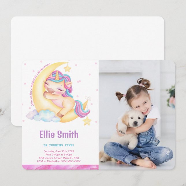 Unicorn Birthday Photo Invitation (Front/Back)