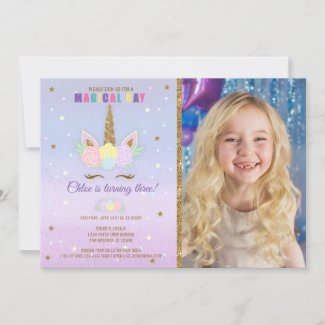 Unicorn Birthday Photo Invitation Pink Purple Gold