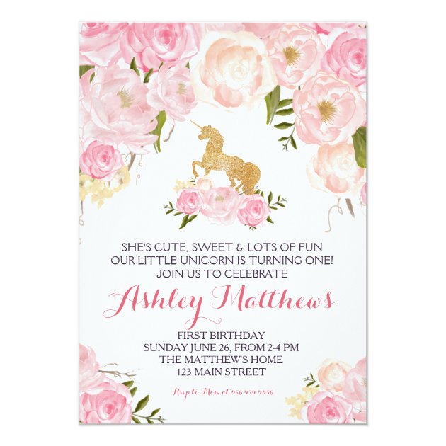 Unicorn Birthday Pink Beautiful Floral Invitation, Card