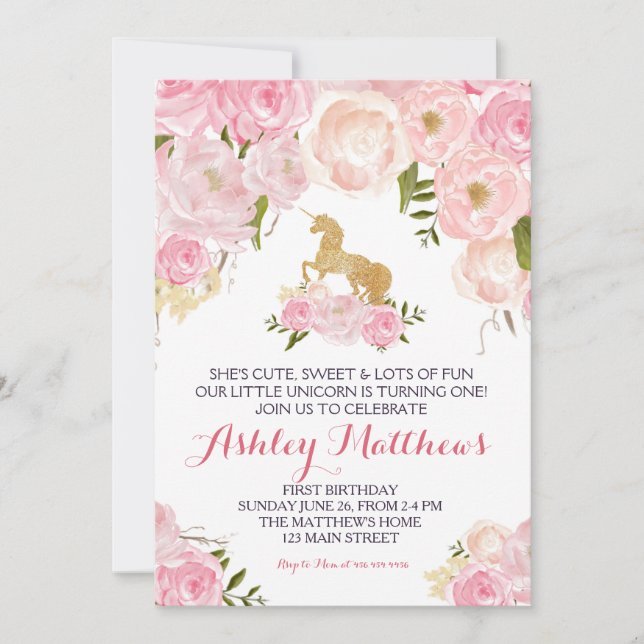 Unicorn birthday pink Beautiful Floral Invitation, Invitation (Front)