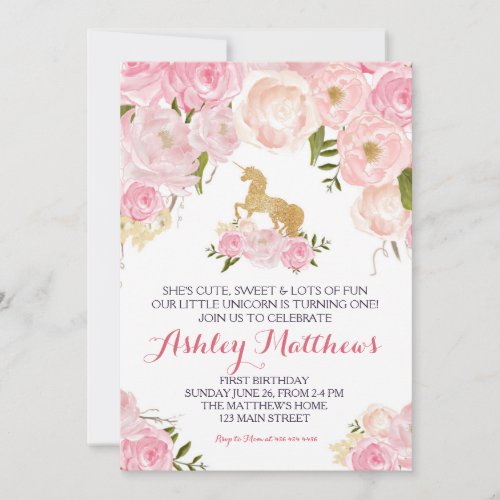 Unicorn birthday pink Beautiful Floral Invitation Invitation