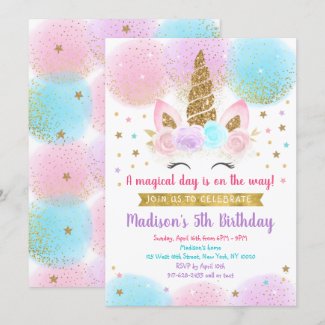 Unicorn Birthday Pink Gold Rainbow Invitation