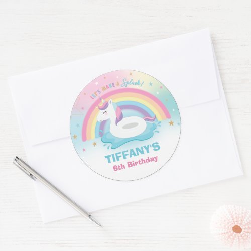 Unicorn Birthday Pool Party Rainbow Unicorn Favors Classic Round Sticker